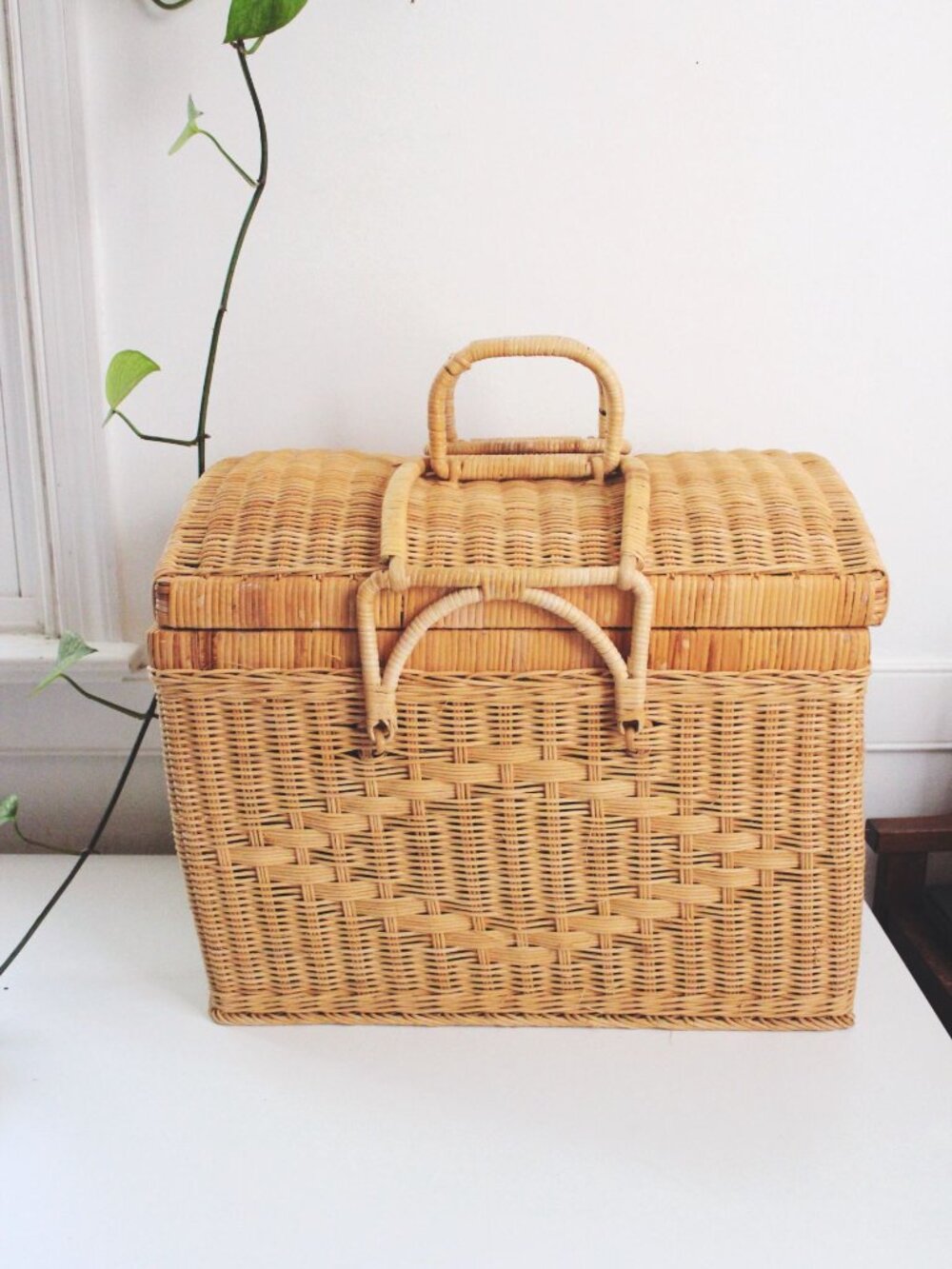 Vintage Wicker Picnic Basket Double Handles Handwoven Storage French Farmhouse